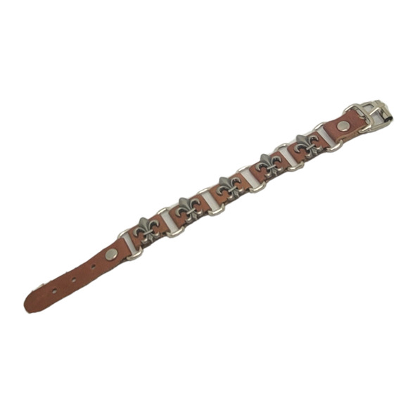 Unisex Tan Leather Link Fleur De Lis SilverTone Buckle Bracelet Adjustable Size - Picture 4 of 7